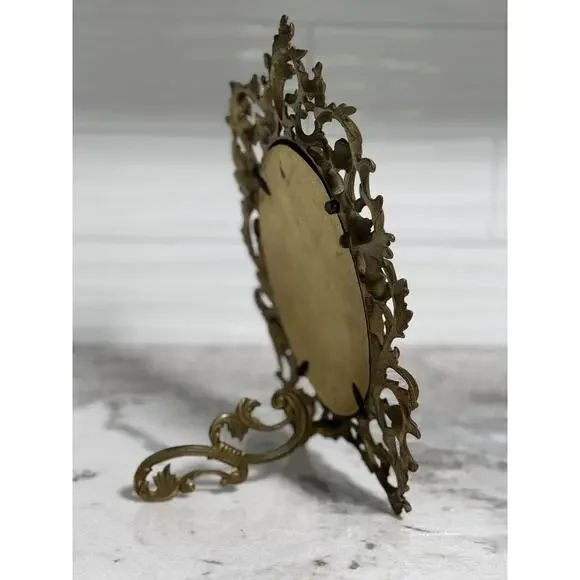 Antique Victorian Heavy Brass Art Nouveau Oval Self Standing Glass Mirror